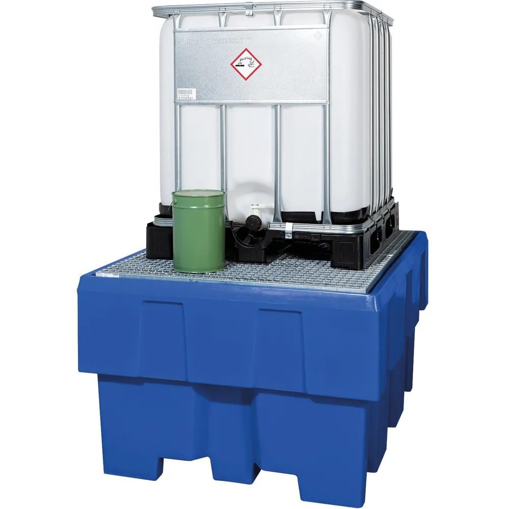 asecos® Auffangwanne aus PE für IBC-Container, verzinkter Gitterrost, Auffangvolumen 1.000 Liter