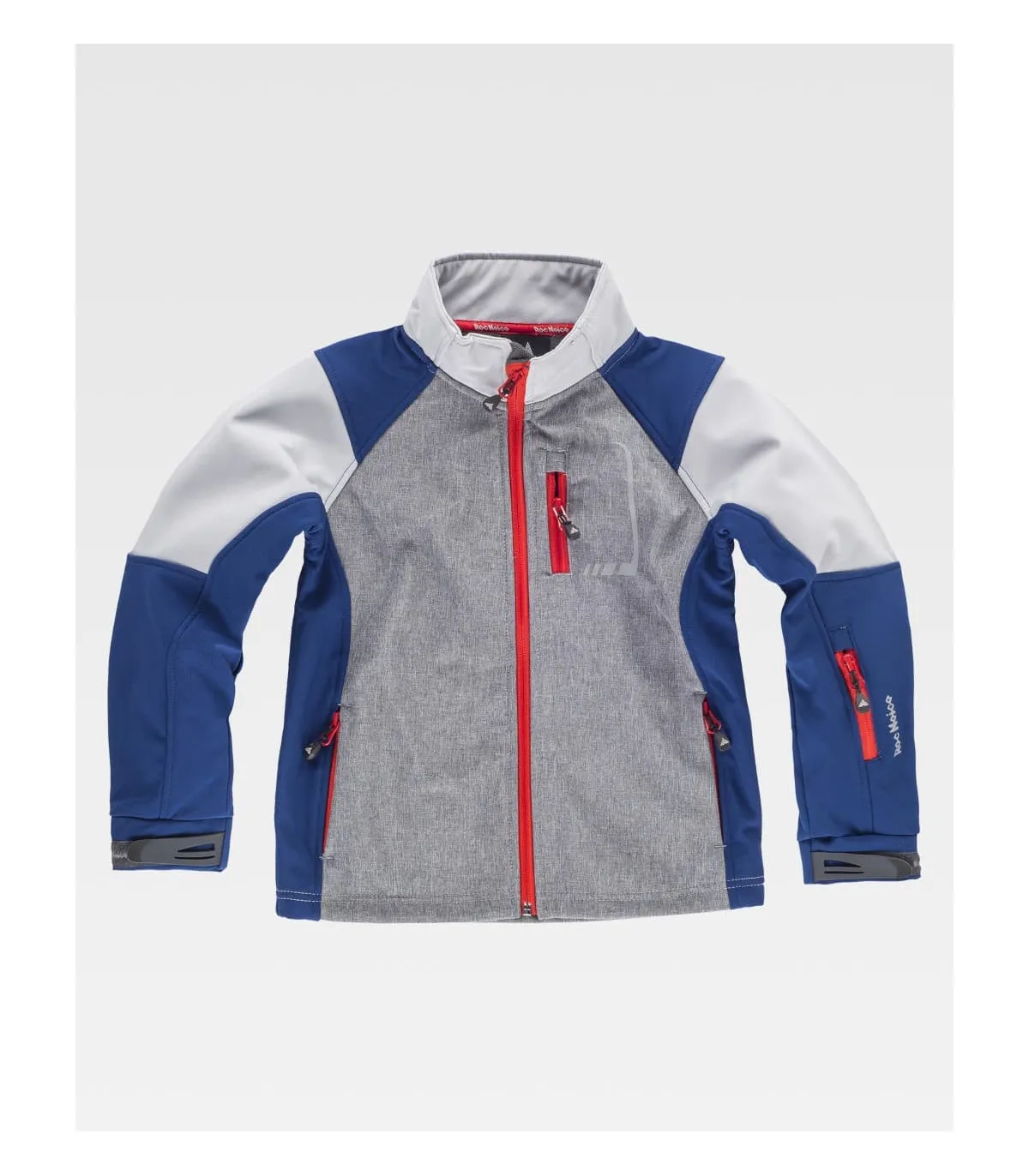 Dreifarbig kombinierte Kinder-Softshell.Hoher Kragen mit personalisiertem Tape und Nahtabdeckungen auf der Innenseite RN3010002