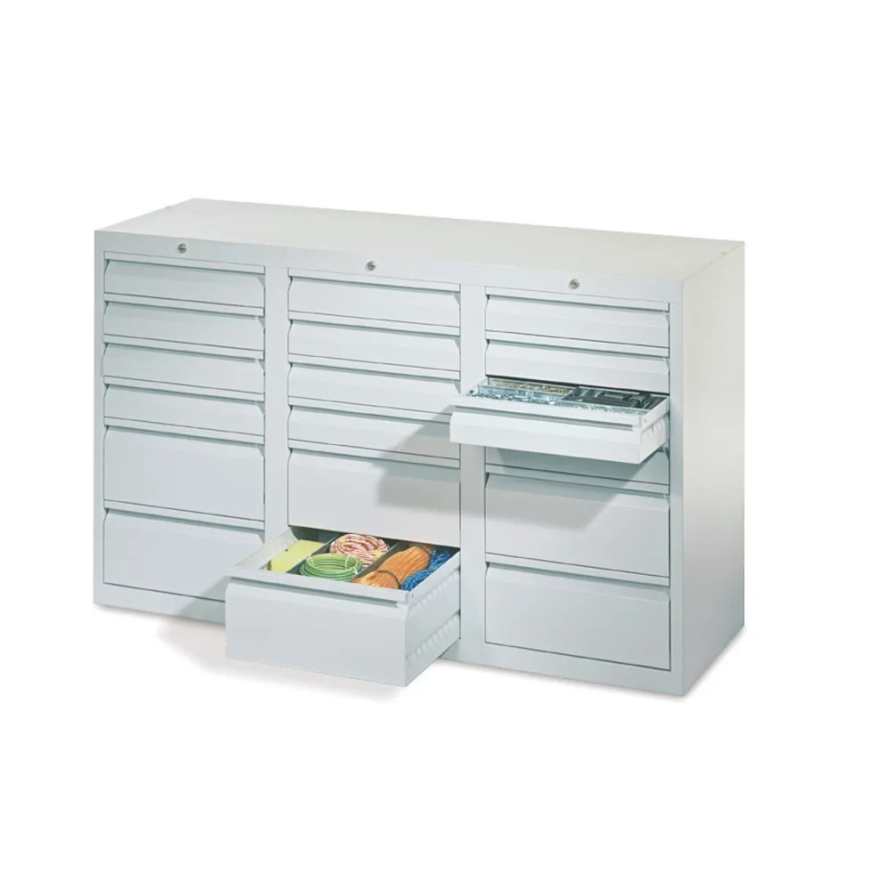 PAVOY Leichter Schubladenschrank, Gleitführung, Schubladen 12x100 + 6x200 mm, Breite 1.500 m, lichtblau, lichtgrau