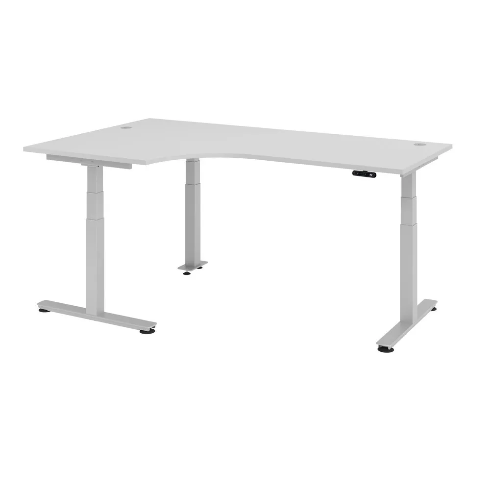 Hammerbacher Büro-Eckschreibtisch, Memory-Schalter, elektrisch höhenverstellbar, BxT 2.000 x 1.200 mm, grau, silber
