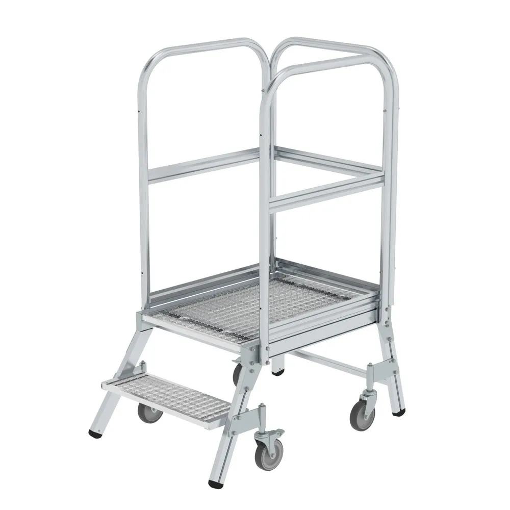 Munk Podesttreppe einseitig begehbar mit Federrollen Stahl-Gitterrost 2 Stufen