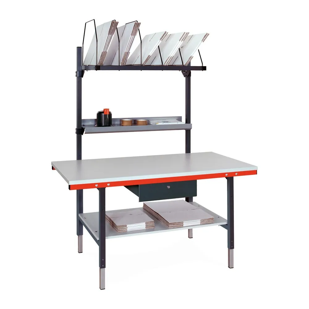 Rocholz Manuell höhenverstellbarer Packtisch SYSTEM 2000, Komplett-Paket mit Schublade und Zwischenboden, HxBxT 690-960 x 1.600 x 800 mm