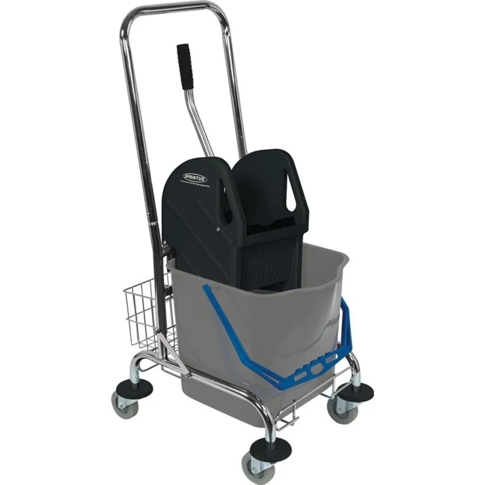 SPRiNTUS Reinigungswagen, Stahlrohr, Eimer 1 x 27 l, Presse, Ablagekorb